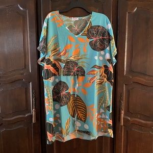 Tropical print dress or bathing suit coverup XL NWOT Aqua orange and green